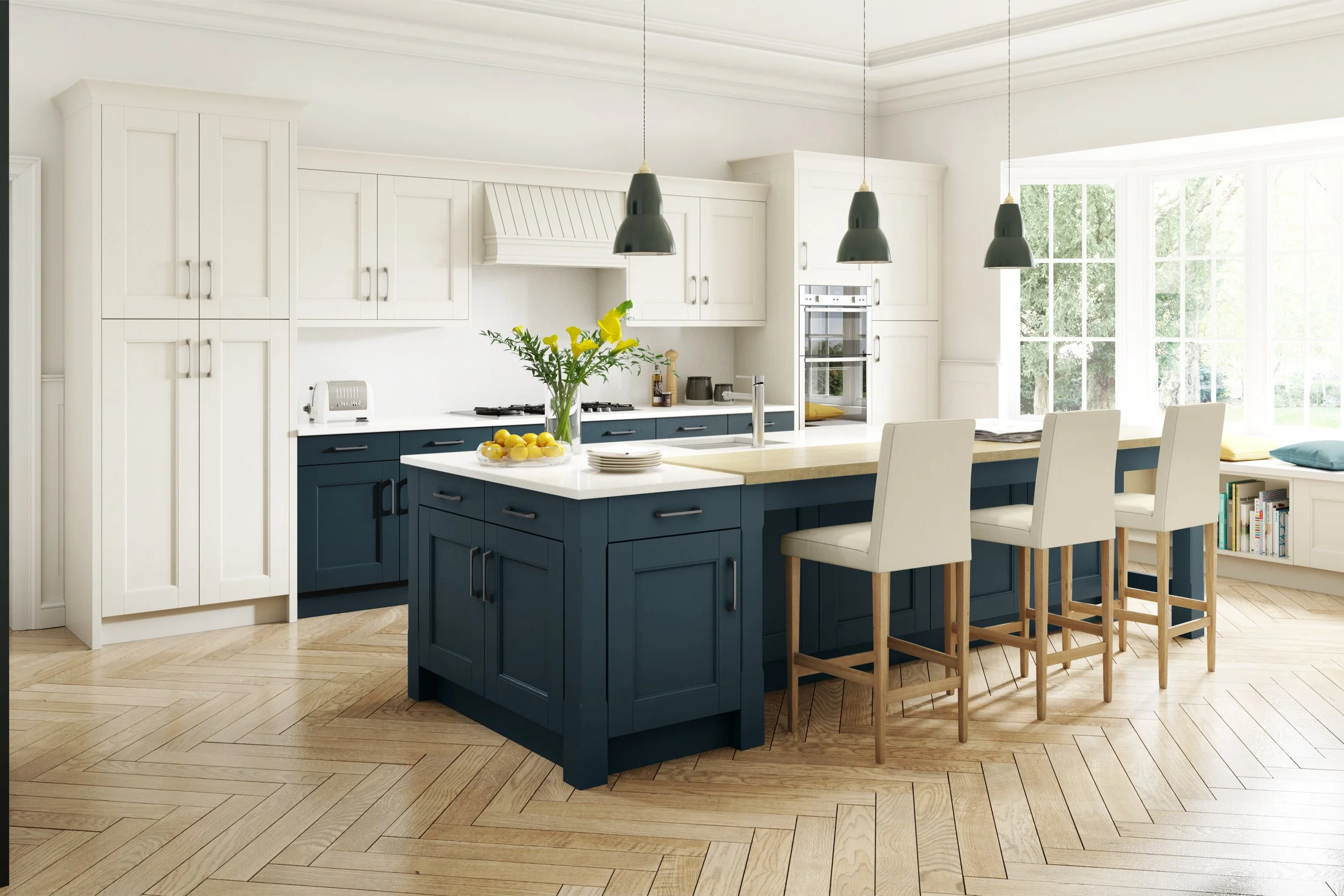 Omega Manor House classic kitchen in dual-tone Painted Ivory with an Oxford Blue island, ornate cornicing and a glazed wall cabinet; supplier image of a door style Oriel stocks