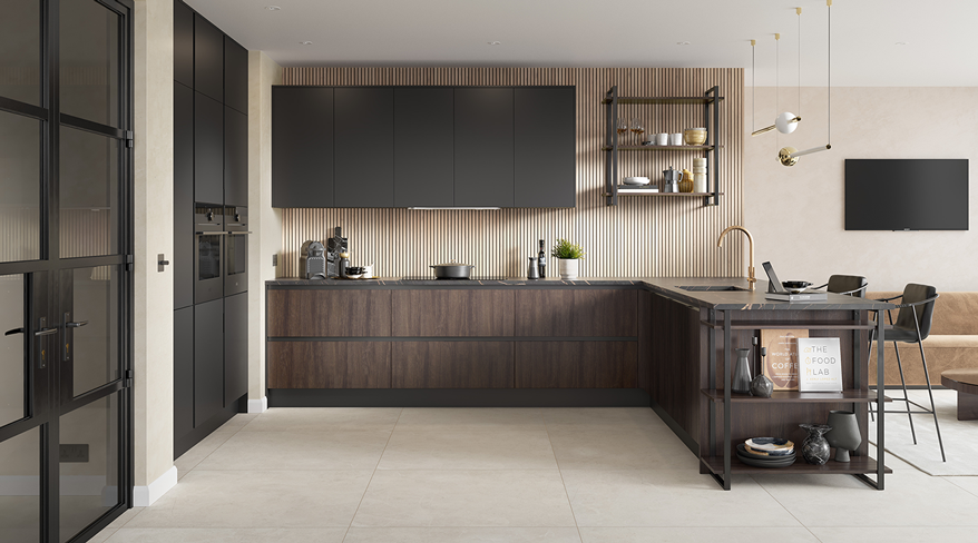Omega Super-matt modern kitchen in walnut woodgrain with matte black wall cabinets and an industrial black-frame glazed door visible to the left; supplier image of a door style Oriel stocks